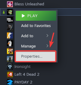 Steam game properties menu