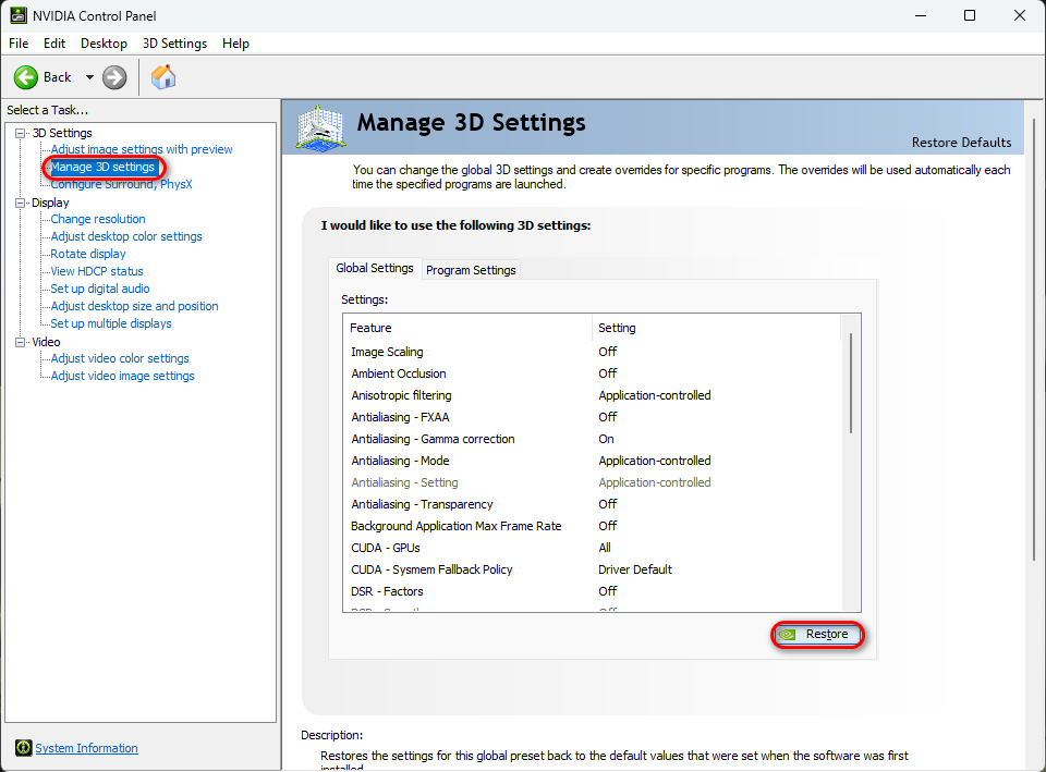 NVIDIA 3D settings reset
