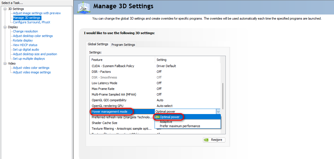 NVIDIA power settings