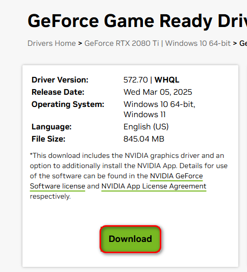 NVIDIA driver download confirmation