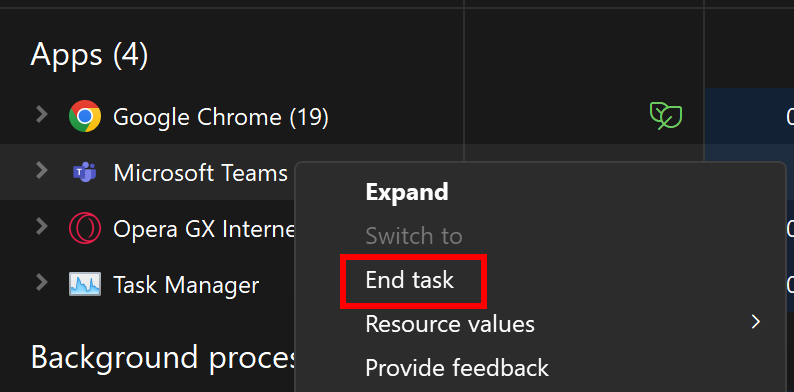 Ending Microsoft Teams processes in Task Manager