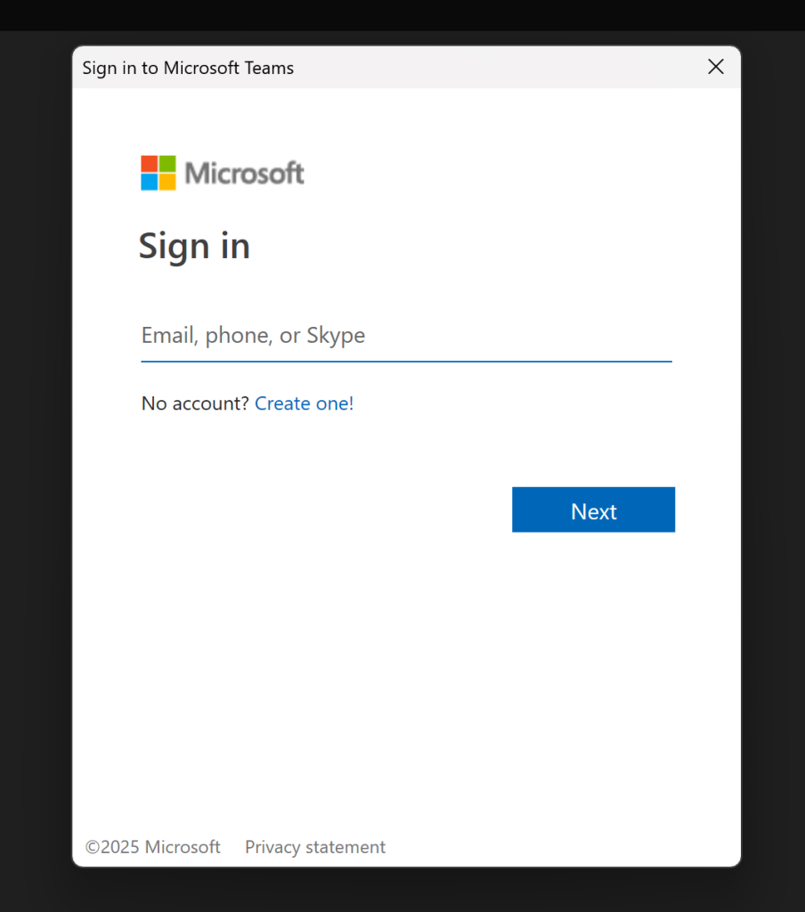 Microsoft Teams sign-in screen