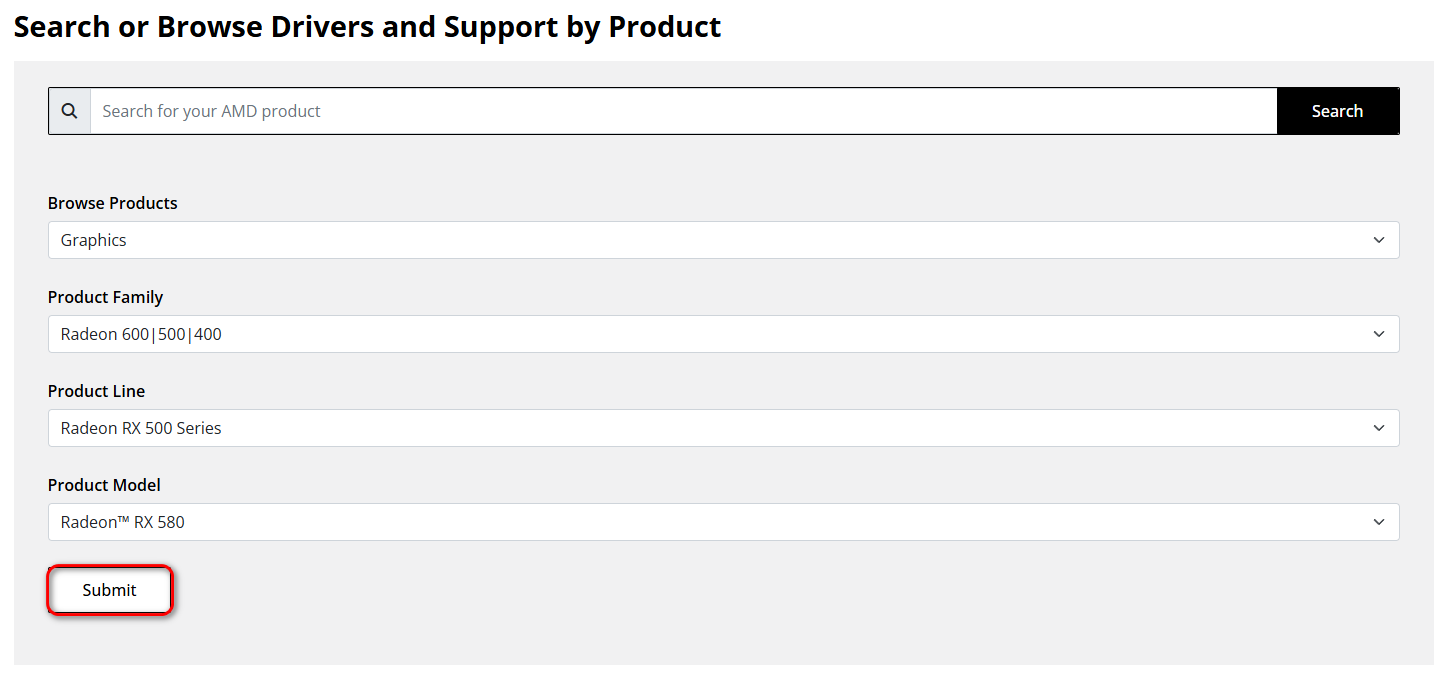 AMD driver search page