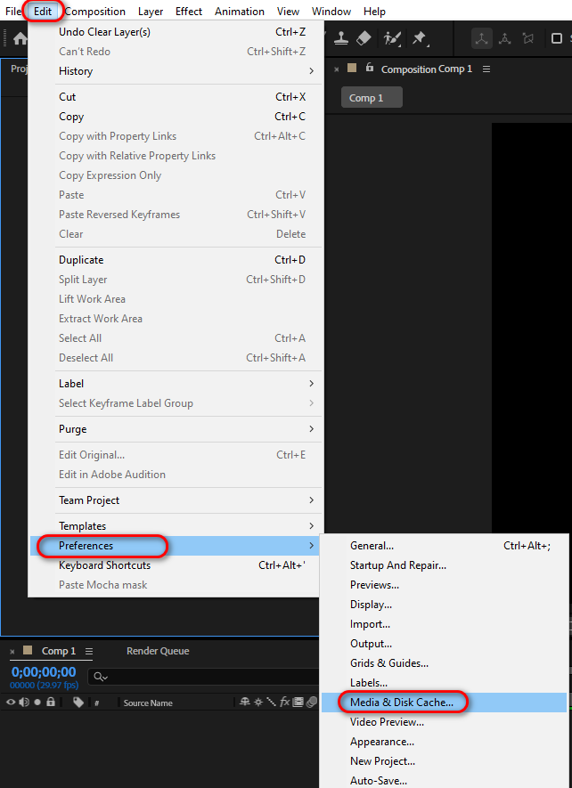 After Effects Preferences Menu