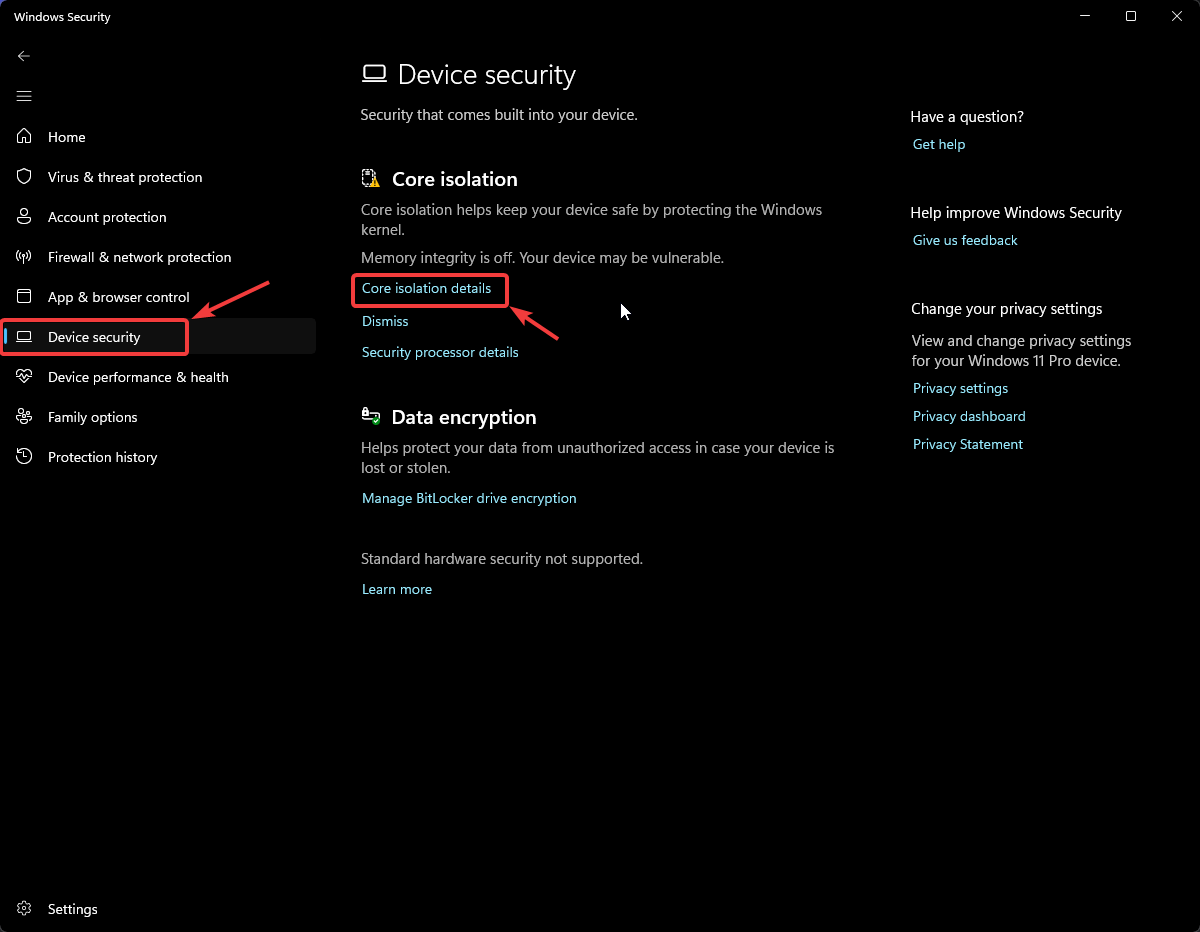 Windows Security Device Security section