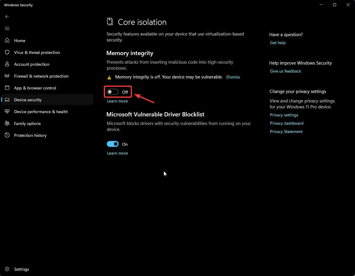 Memory Integrity toggle in Core Isolation