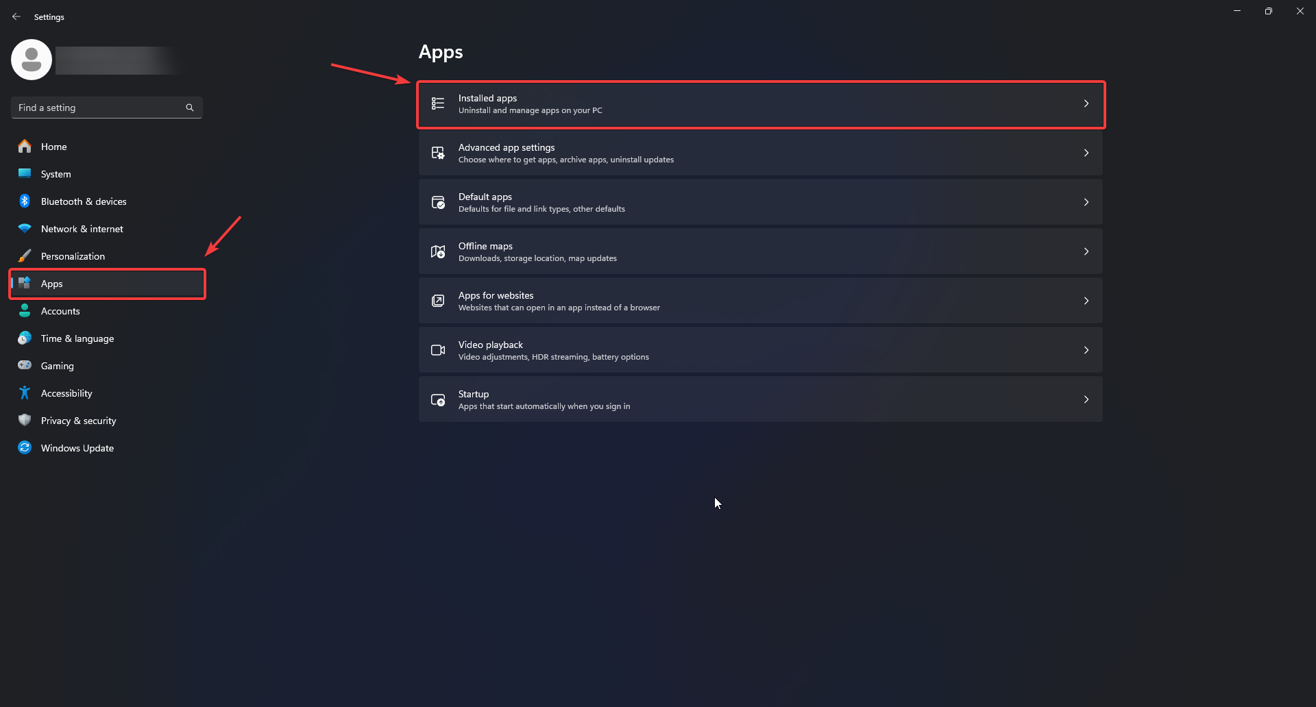 Windows Installed Apps menu