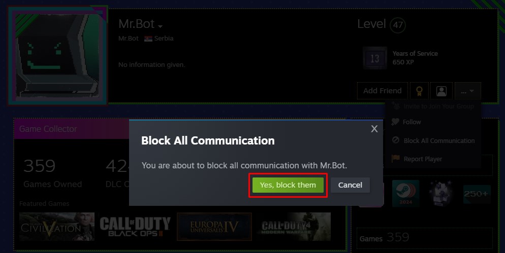 Steam block confirmation dialog