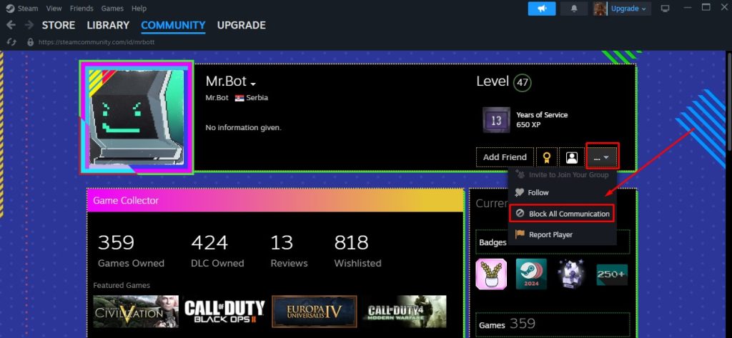 Block communication option in Steam