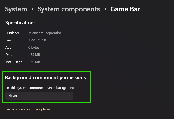 Disabling Game Bar background permissions
