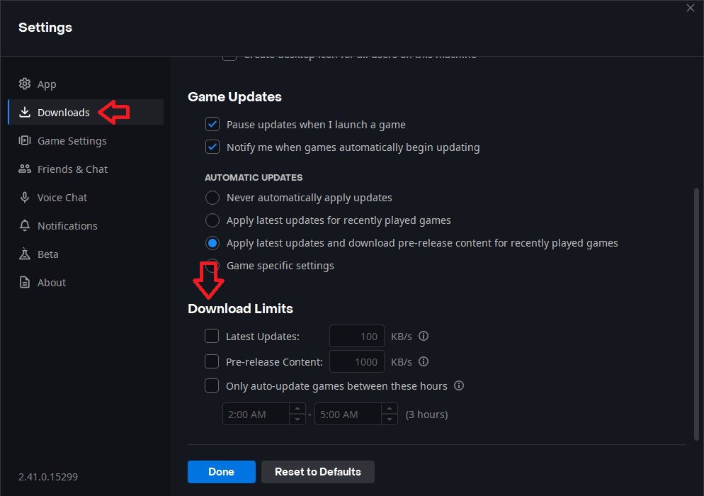 Download Limits Section
