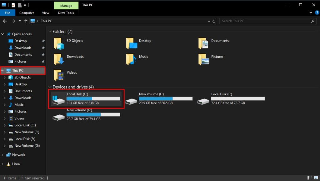 Opening local disk C