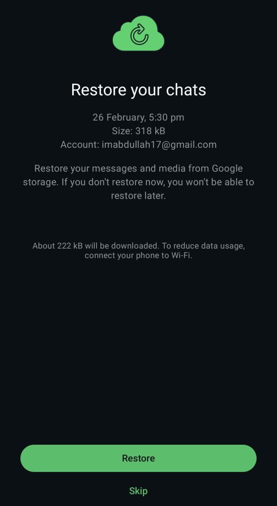 Selecting WhatsApp backup