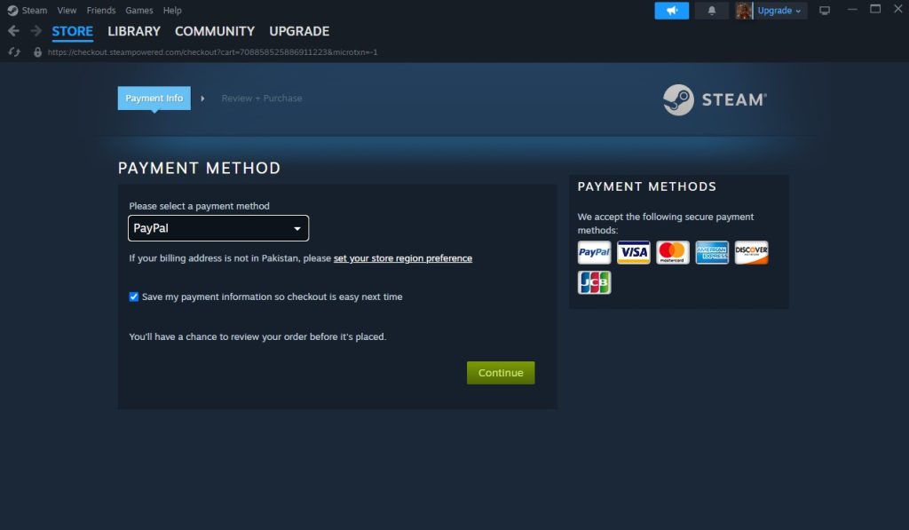 Steam payment method selection