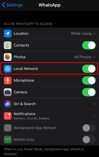 Turn on Local Network permission for WhatsApp