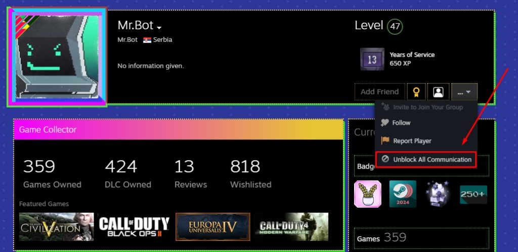 Unblock communication option in Steam