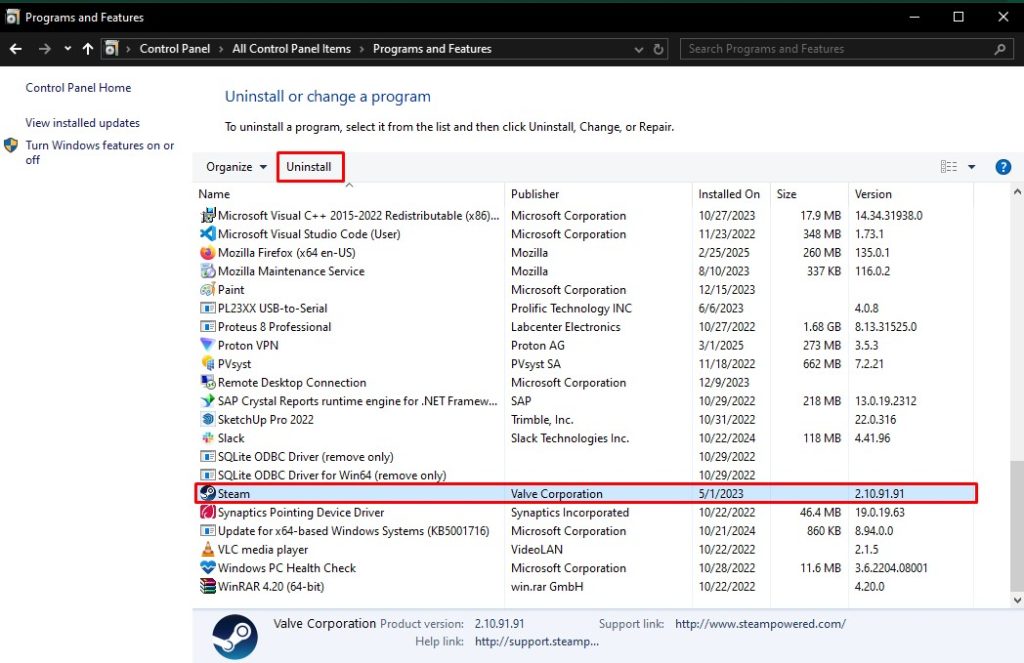 Uninstalling Steam