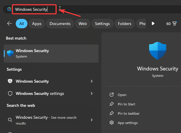 Windows Security search in Start Menu