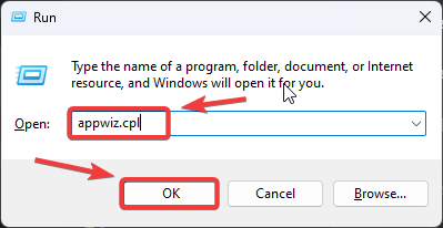 Windows Run dialog showing appwiz.cpl command