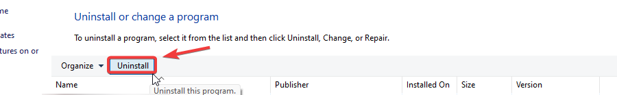 Programs and Features window showing uninstall option