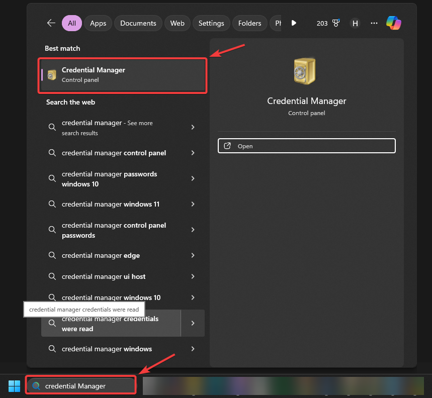 Opening Credential Manager through Windows Search