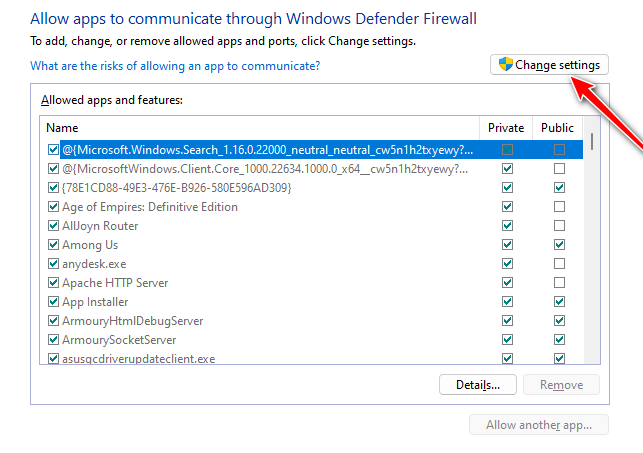 Firewall change settings button