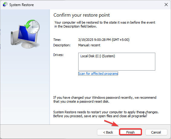 Restore point confirmation screen