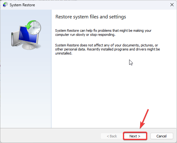System Restore welcome screen