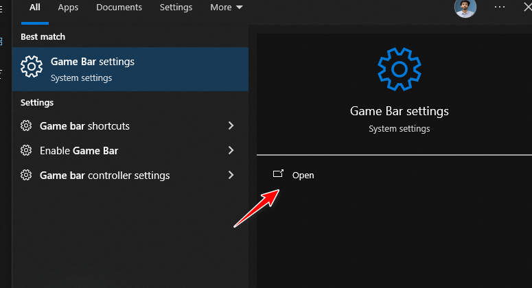 Windows Game Bar settings search