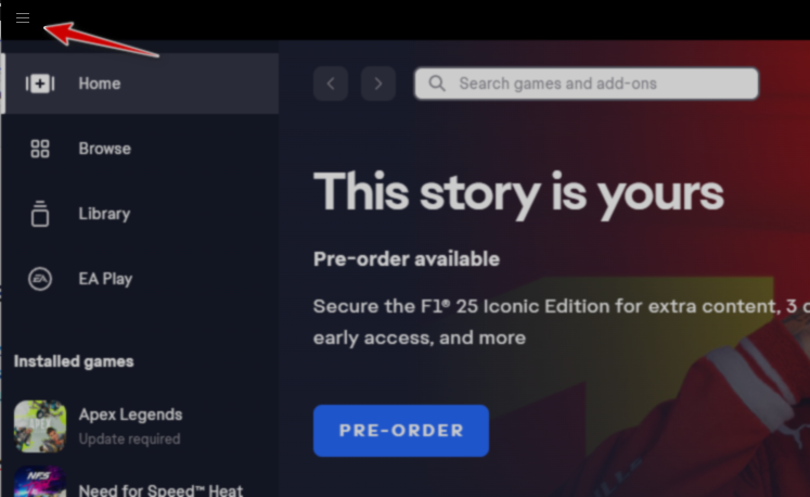 EA Play hamburger menu location