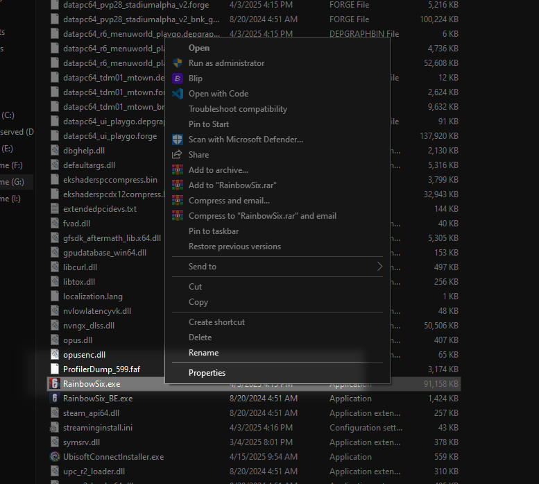 RainbowSix.exe Properties menu