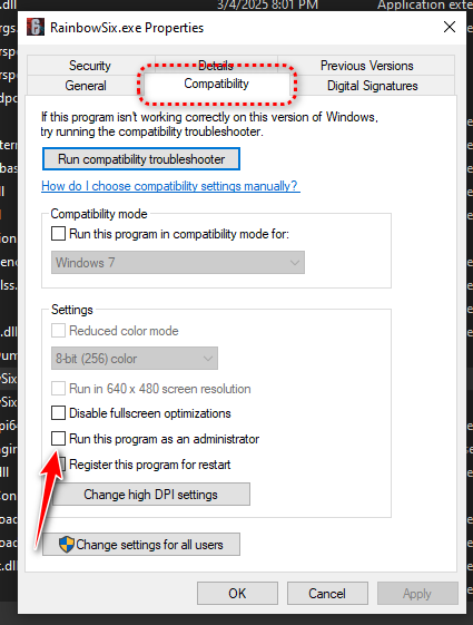 Compatibility tab settings
