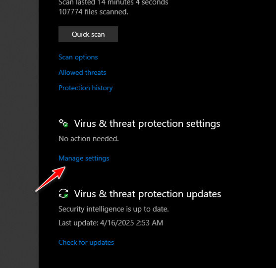 Virus protection settings menu