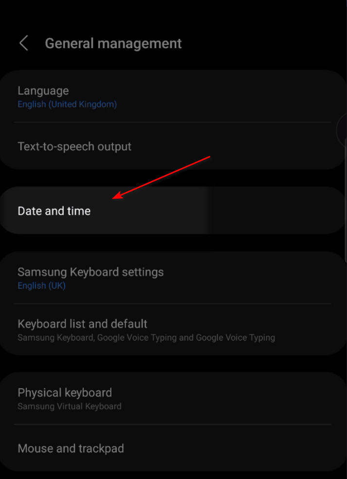 Date and time settings menu