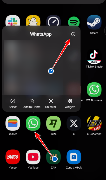 WhatsApp app info menu
