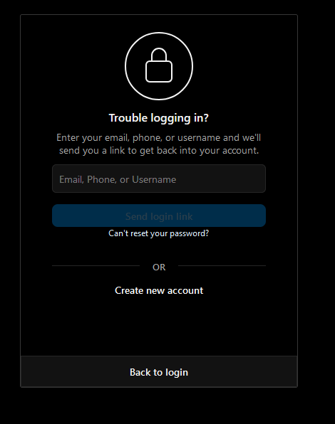 Instagram password reset screen
