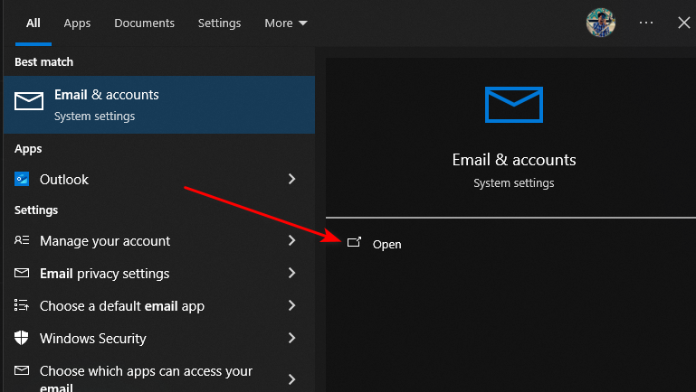 Windows Email & Accounts settings search