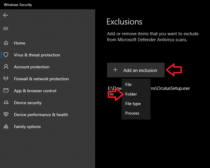 Adding Oculus folder to exclusions