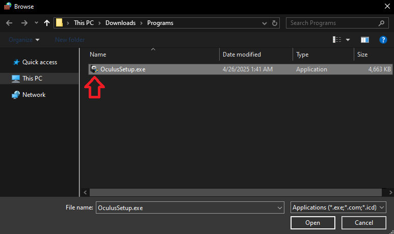 Selecting Oculus setup file