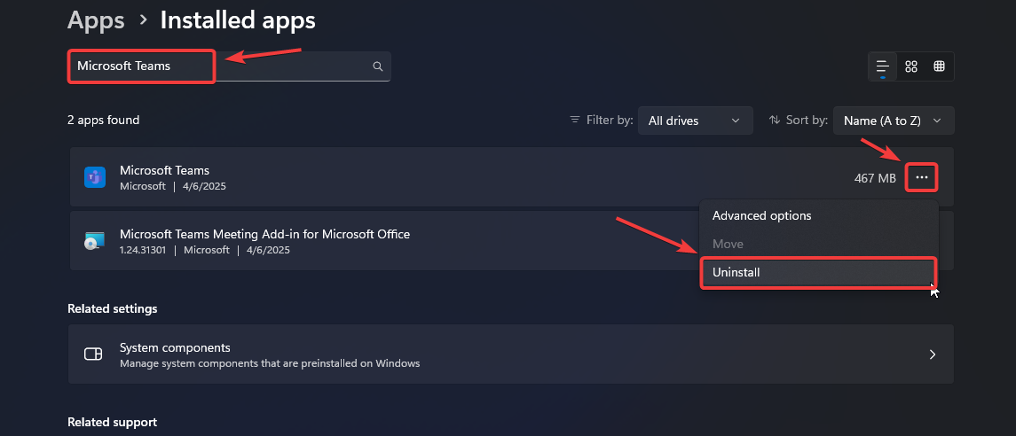 Microsoft Teams uninstall option