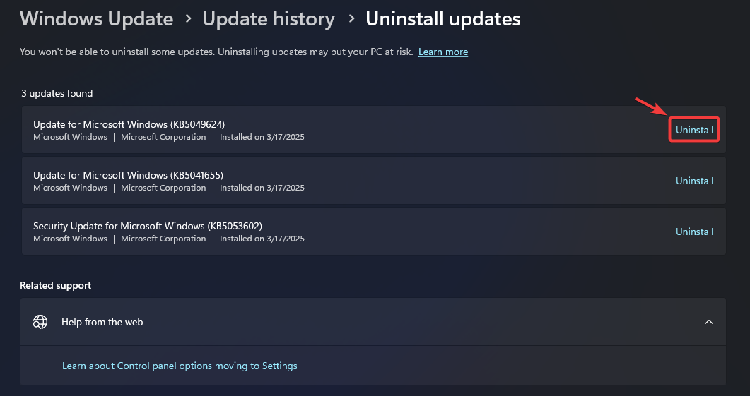 Update uninstallation screen