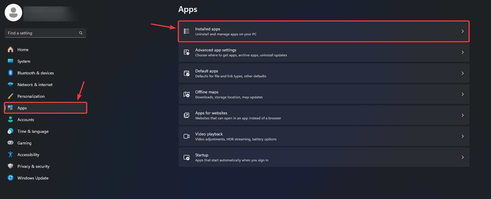 Windows Apps settings screen