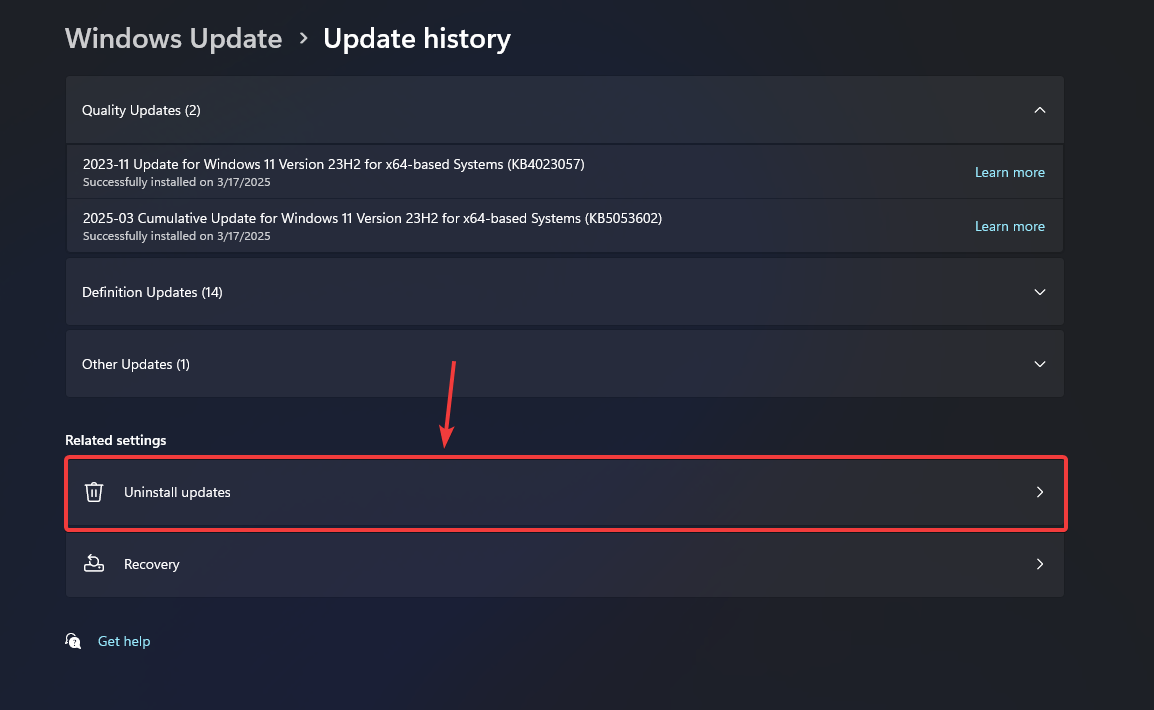 Uninstall updates option