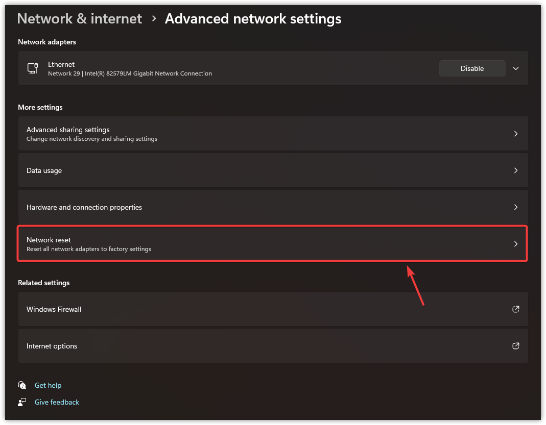 Network reset option location