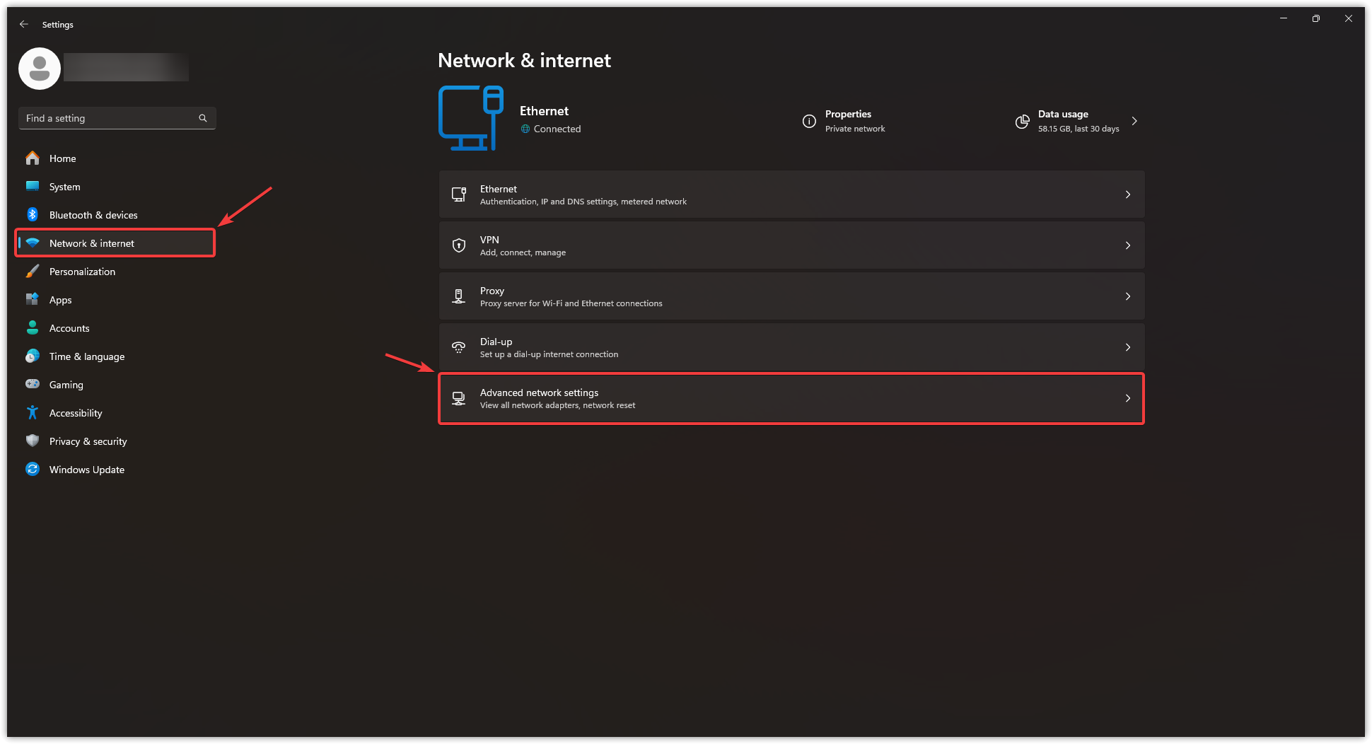 Windows Network settings menu