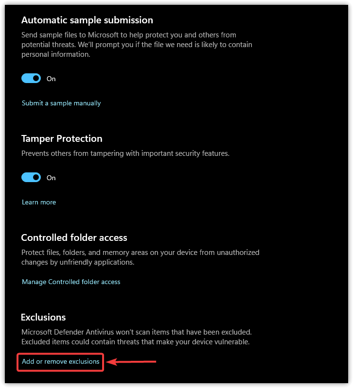 Add or Remove Exclusions in Windows Defender