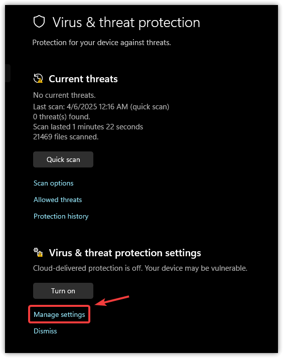 Manage Virus Protection Settings