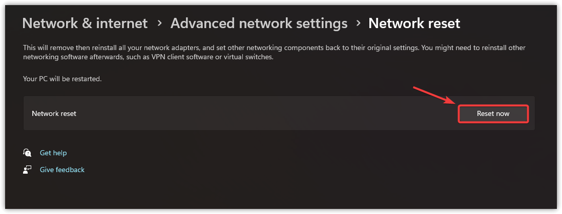 Network reset confirmation dialog