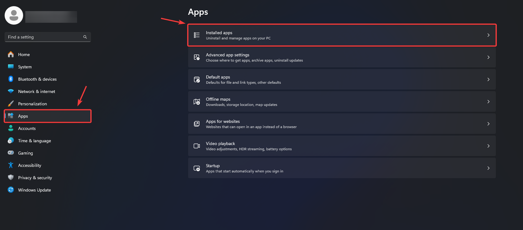 Windows Apps settings screen