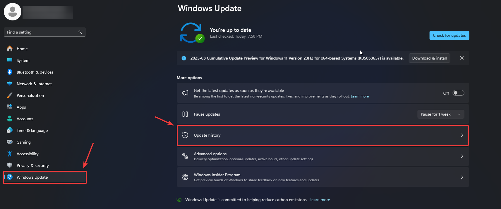 Windows Update history screen